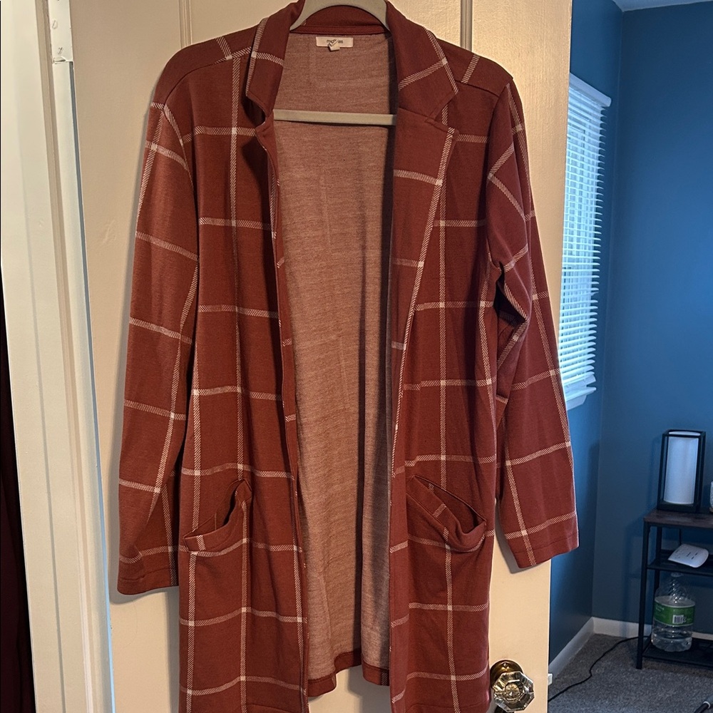 Maurices Terracotta Checkered Open-Front Cardigan